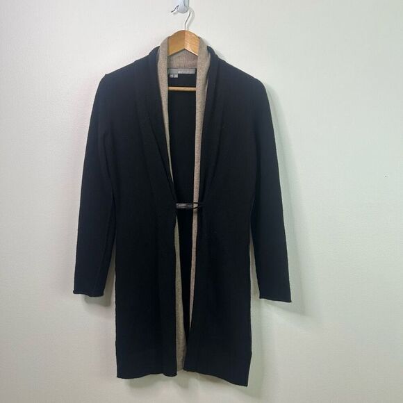 360Cashmere Black Tan Open Front Cardigan Sweater 100% Cashmere XS Quiet Luxury - Picture 1 of 11
